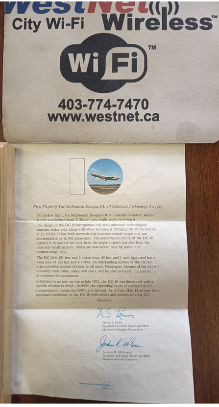 DC-10 First Flight Commemorative Letter